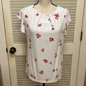 Liz Claiborne Blouse in White with Floral Print, Ruffle Sleeves, Size Medium,EUC